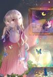  1girl blonde_hair bush butterfly city colorful commentary crescent_moon curly_hair dark dress flower frown glasses hand_up indoors kazu_(muchuukai) lamp light light_particles long_hair moon original painting_(object) petals scenery solo surreal translated violet_eyes 