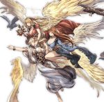  3girls angel_wings bird blonde_hair bracelet breasts brown_hair character_request cleavage dress feathers granblue_fantasy hair_ornament jewelry large_breasts long_hair minaba_hideo multiple_girls sparkle transparent_background wings 