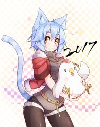  2017 animal_ears bangs belt bird black_legwear blue_hair breasts cat_ears cat_girl cat_tail checkered checkered_background chicken cowboy_shot denim denim_shorts eyebrows_visible_through_hair fur_coat fur_trim grin hair_between_eyes highres holding large_breasts new_year original pantyhose ribbed_sweater ryota_tentei scar_on_cheek short_hair short_shorts shorts smile sweater tail teeth tora_tentei turtleneck yellow_eyes 