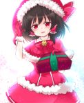  1girl backlighting bell black_hair blurry blush bow capelet cowboy_shot depth_of_field foreshortening frilled_bow frills gift gloves hakurei_reimu hand_up hat hat_bow head_tilt jingle_bell looking_at_viewer pov red_eyes red_gloves ribbon-trimmed_dress santa_costume santa_hat shiohachi short_hair simple_background smile snowflakes solo sparkle touhou white_background 