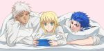  1girl 2boys ahoge alternate_costume archer blanket fate/stay_night fate_(series) handheld_game_console lancer multiple_boys ooga pajamas pillow pillow_support pink_background playing_games playstation_portable saber shared_blanket under_covers 