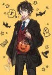  1boy bat black_coat black_hair black_pants blue_eyes blue_necktie candy chokoan_(tyokoa4649) collared_shirt cowboy_shot fate/grand_order fate_(series) food food_in_mouth fujimaru_ritsuka_(male) ghost halloween holding holding_basket lollipop necktie pants shirt solo star striped striped_necktie sweater white_shirt yellow_background 