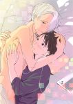  2boys bed black_hair blue_eyes blush brown_eyes clothed_male_nude_male computer earphones earphones hair_over_one_eye hug katsuki_yuuri laptop male_focus momohara_kana multiple_boys nipples nude pillow shared_earphones silver_hair smile under_covers viktor_nikiforov yaoi yuri!!!_on_ice 