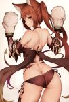  1girl animal_ears ass back bare_shoulders butt_crack cerberus_(shingeki_no_bahamut) dog_ears from_behind hand_puppet inaba_sunimi long_hair looking_back puppet red_eyes redhead shingeki_no_bahamut simple_background solo tattoo twintails 