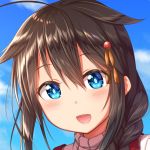  1girl :d ahoge bangs blue_eyes blue_sky blush braid brown_hair close-up clouds cloudy_sky gurande_(g-size) hair_between_eyes hair_flaps hair_ornament kantai_collection looking_at_viewer open_mouth outdoors portrait remodel_(kantai_collection) ribbed_sweater shigure_(kantai_collection) single_braid sky smile solo sweater teeth turtleneck 