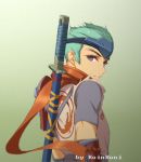  1boy artist_name blue_eyes forehead_protector genji_(overwatch) gradient gradient_background green_hair katana looking_at_viewer looking_back male_focus overwatch parted_lips qingchen_(694757286) red_scarf scabbard scarf sheath sheathed shirt short_hair short_sleeves smile spiky_hair sword upper_body vambraces weapon weapon_on_back younger 