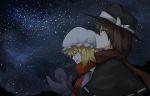  black_hat blonde_hair blue_gloves bow breath brown_eyes brown_hair brown_scarf capelet closed_eyes fedora gloves hat hat_bow highres kan_(aaaaari35) looking_up maribel_hearn mittens mob_cap night open_mouth red_scarf ribbon_trim scarf sky smile star_(sky) starry_sky touhou usami_renko white_bow white_hat 
