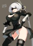  1girl absurdres black_legwear breasts cleavage grey_background highres kion-kun large_breasts mole mole_under_mouth nier_(series) nier_automata panties parted_lips short_hair simple_background solo sword thigh-highs underwear weapon white_hair white_panties yorha_unit_no._2_type_b 