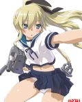  1girl anchor_hair_ornament black_ribbon blonde_hair blue_eyes blue_ribbon carrying_under_arm cosplay dated dd_(ijigendd) fubuki_(kantai_collection) fubuki_(kantai_collection)_(cosplay) hair_ornament hair_ribbon highres kantai_collection long_hair looking_to_the_side navel outstretched_arm panties pantyshot rensouhou-chan ribbon shimakaze_(kantai_collection) simple_background skirt solo thighs underwear very_long_hair white_background 