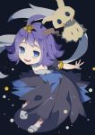  1girl :3 acerola_(pokemon) armlet arms_behind_back artist_request black_background blush dress elite_four flipped_hair hair_ornament looking_at_viewer mimikyu pokemon pokemon_(game) pokemon_sm purple_hair short_sleeves simple_background slippers trial_captain violet_eyes wavy_mouth 
