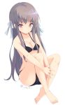  1girl :/ bangs barefoot bikini black_bikini breasts brown_eyes cleavage collarbone eyebrows_visible_through_hair grey_hair interlocked_fingers kotonoha_zaja leg_hug legs long_hair looking_at_viewer medium_breasts original own_hands_together plantar_flexion simple_background solo swimsuit toes twitter_username v_arms white_background 