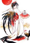  1girl bird black_feathers black_hair chicken fan feathers hair_ornament highres japanese_clothes kaisen kimono long_hair new_year original pipe rooster year_of_the_rooster 