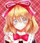  1girl argyle argyle_background blonde_hair bow bowtie collar frilled_collar frills hair_between_eyes hair_ribbon highres looking_at_viewer medicine_melancholy multicolored_eyes portrait rainbow_eyes red_background red_bow red_bowtie red_ribbon ribbon rie-co short_hair smile solo sparkling_eyes touhou 