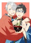  2boys 92_(artist) black_hair blue-framed_eyewear blue_eyes bowl brown_eyes chopsticks food glasses hair_over_one_eye highres hug japanese_clothes jewelry katsuki_yuuri male_focus multiple_boys noodles open_mouth ring silver_hair smile viktor_nikiforov yuri!!!_on_ice 