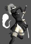  1girl arms_up black_dress black_legwear blindfold boots cosplay dress dual_wielding fighting_stance hairband high_heels katana konpaku_youmu konpaku_youmu_(ghost) look-alike nier_(series) nier_automata panties parody ribbon short_dress short_hair side_slit silver_hair standing standing_on_one_leg sword thigh-highs thigh_boots tom=boy touhou underwear weapon white_panties yorha_unit_no._2_type_b yorha_unit_no._2_type_b_(cosplay) 