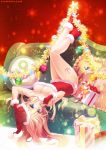  1girl artist_name bismarck_(kantai_collection) blonde_hair blue_eyes bow breasts candy candy_cane carnelian christmas cleavage cookie couch dress food gift gloves hat kantai_collection legs looking_at_viewer pillow santa_costume santa_gloves santa_hat solo tattoo 