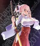  1girl 2017 adjusting_glasses bangs bird black-framed_eyewear blue_eyes breasts chick cowboy_shot erect_nipples glasses hair_ribbon hakama happy_new_year highres holding holding_sword holding_weapon japanese_clothes katana large_breasts looking_at_viewer miko new_year original pink_hair pleated_skirt ponytail red_skirt ribbon sakuya_tsuitachi sheath sheathed sidelocks skirt smile solo sword weapon white_ribbon wide_sleeves 