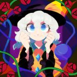  1girl @_@ absurdres bow clenched_hands commentary eyeball flower furukawa_(yomawari) hair_between_eyes hat hat_bow highres komeiji_koishi looking_at_viewer one_eye_closed plant rose smile solo third_eye touhou translation_request upper_body vines white_hair wide_sleeves yellow_bow 