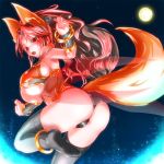  1girl animal_ears ass black_panties bow breasts fox_ears fox_girl full_moon hair_bow highres kiyukisuke large_breasts long_hair looking_at_viewer looking_back moon nail_polish open_mouth original panties red_eyes redhead sideboob sky solo star_(sky) thigh-highs under_boob underwear 