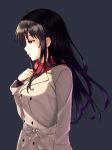  1girl black_hair brown_eyes coat from_side grey_background highres kurenaiz long_hair original simple_background solo underwear 