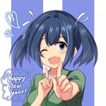  1girl be_(o-hoho) blue_eyes blue_hair blush breasts happy_new_year heart index_finger_raised japanese_clothes kantai_collection koi_dance large_breasts looking_at_viewer new_year one_eye_closed short_twintails smile souryuu_(kantai_collection) twintails 