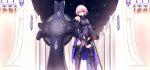  armor armored_boots bare_shoulders belt boots clenched_teeth cowter fate/grand_order fate_(series) gauntlets highres lavender_hair looking_at_viewer night sheath sheathed shield shielder_(fate/grand_order) short_hair standing sukage sword teeth violet_eyes walls weapon 