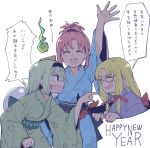  3girls :d ^_^ anarogumaaa anger_vein arm_up black_hairband blonde_hair blue_kimono blush clenched_hand closed_eyes facepaint gap green_hair green_kimono hair_ribbon hairband hanetsuki happy_new_year hitodama japanese_clothes kimono konpaku_youmu konpaku_youmu_(ghost) multiple_girls new_year obi open_mouth pink_hair pointing purple_kimono red_ribbon ribbon saigyouji_yuyuko sash short_hair smile touhou translation_request tress_ribbon updo white_background yakumo_yukari 