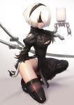  1girl blindfold chiko_ka_gaku highres kneeling looking_at_viewer mole mole_under_mouth nier_(series) nier_automata pod_(nier_automata) solo sword thighs weapon white_background yorha_unit_no._2_type_b 