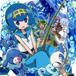  1boy 4girls arm_up beanie black_hair blonde_hair blue_eyes blue_hair blue_pants dark_skin dark_skinned_male diving_suit female_protagonist_(pokemon_sm) fishing_rod flower green_eyes green_hair hair_flower hair_ornament hairband hat jewelry kaki_(pokemon) kingin lillie_(pokemon) long_hair mallow_(pokemon) multicolored_hair multiple_girls necklace open_mouth overalls pants pokemon pokemon_(anime) pokemon_(game) pokemon_sm pokemon_sm_(anime) popplio red_hat redhead shirt short_hair sleeveless spiky_hair suiren_(pokemon) tied_shirt trial_captain twintails wishiwashi 