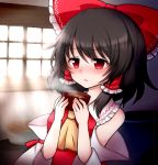  1girl arm_ribbon ascot black_hair blush bow breasts day food frilled_bow frilled_shirt_collar frills hair_bow hair_tubes hakurei_reimu holding_bowl indoors light_rays looking_afar parted_lips red_eyes red_shirt ribbon room shiny shiny_hair shiohachi shirt short_hair sleeveless sleeveless_shirt small_breasts solo soup steam sunlight touhou window 
