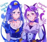 2girls animal_ears blue_eyes blue_gloves blue_hair blush breasts cat_ears cat_tail choker cleavage clenched_teeth cosplay cure_diamond cure_gelato_(cosplay) cure_macaron_(cosplay) cure_sword dokidoki!_precure earrings elbow_gloves gloves hishikawa_rikka jewelry kenzaki_makoto kirakira_precure_a_la_mode lion_ears lion_tail long_hair looking_at_viewer multiple_girls negom ponytail precure purple_hair short_hair simple_background smile tail teeth violet_eyes white_background white_gloves