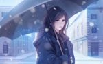  1girl blush brown_eyes brown_hair building chromatic_aberration coat commentary_request highres holding light_smile lips long_hair long_sleeves looking_at_viewer nguyen_uy_vu original outdoors perspective road sidewalk snowing solo street translation_request umbrella upper_body 