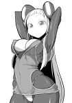  1girl arms_behind_head bodysuit breasts cleavage dress electro_emilia greyscale ken_(koala) large_breasts long_hair looking_at_viewer monochrome original panties short_dress simple_background skin_tight solo underwear white_background 