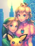  1boy 1girl bellhenge blonde_hair hat highres link super_mario_bros. pichu pointy_ears pokemon pokemon_(creature) pokemon_(game) princess_peach smile super_mario_bros. super_smash_bros. the_legend_of_zelda the_legend_of_zelda:_ocarina_of_time young_link 