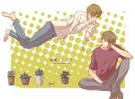  2boys barefoot brown_eyes brown_hair brown_shoes copyright_name elbow_on_knee eye_contact floating hand_behind_head hazuki_ryousuke looking_at_another male_focus midair multiple_boys natsuyuki_rendezvous petals plant potted_plant shimao_atsushi shoes sitting yoshini_(shini112) 