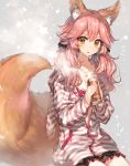  1girl animal_ears blush chocoan fate/extra fate/extra_ccc fate_(series) fox_ears fox_tail long_hair low_twintails open_mouth pink_hair solo striped striped_hoodie tail tamamo_(fate)_(all) tamamo_no_mae_(fate) tea twintails yellow_eyes 