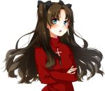  1girl artist_request black_hair fate/stay_night fate_(series) green_eyes hair_ribbon long_hair looking_at_viewer open_mouth red_sweater ribbon solo tohsaka_rin turtleneck twintails usagiofshintaro 