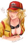  1girl ;) baseball_cap bikini_top blonde_hair breasts cidney_aurum cleavage cropped_jacket final_fantasy final_fantasy_xv goggles goggles_around_neck green_eyes hat highres large_breasts lips looking_at_viewer marshu navel nose one_eye_closed short_hair signature sketch smile solo unzipped watermark web_address 