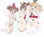  3girls alisa_(girls_und_panzer) antlers bikini blonde_hair blue_eyes blush breasts brown_eyes brown_hair christmas cleavage girls_und_panzer gloves hat kay_(girls_und_panzer) long_hair multiple_girls naomi_(girls_und_panzer) navel open_mouth red_gloves reindeer_antlers swimsuit teeth thigh-highs twintails wata_do_chinkuru white_bikini white_legwear 