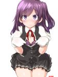  1girl :&lt; blush bra bra_peek breasts cleavage dated dd_(ijigendd) gloves hagikaze_(kantai_collection) kantai_collection long_hair looking_at_viewer purple_bra purple_hair red_ribbon ribbon side_ponytail simple_background skirt solo thighs underwear vest violet_eyes white_background white_gloves 