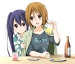  2girls alcohol alternate_costume alternate_hairstyle asahi_breweries beer beer_bottle blue_hair blush brown_eyes casual cup dresstrip drinking_glass food fork hair_down jacket_on_shoulders k-on! looking_back multiple_girls nakano_azusa plate shirt_tug simple_background sitting table tainaka_ritsu twintails white_background 