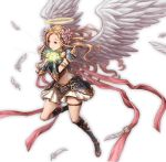  1girl angel_wings archangel_queen_(granblue_fantasy) arm_guards armlet armor blonde_hair brown_eyes collar feathers flower granblue_fantasy hair_flower hair_ornament halo jewelry long_hair midriff minaba_hideo navel pauldrons simple_background skirt solo thigh-highs white_background wings 