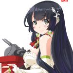  1girl black_hair bow dated dd_(ijigendd) dress grey_eyes hair_tubes holding_box kantai_collection lace_hairband lips long_hair mizuho_(kantai_collection) red_bow simple_background smile solo strapless strapless_dress turret white_background 