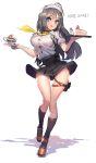  1girl black_skirt blue_eyes blush bouncing_breasts breasts closers coffee dress_shirt fang food full_body grey_hair hair_ornament hairband hairclip highres holster large_breasts long_hair looking_at_viewer muloli open_mouth shirt sketch skirt standing strawberry_shortcake thigh_holster tray waitress walking yuri_seo 