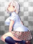 1girl ahoge albino bangs blue_ribbon blush breasts brown_shoes checkered checkered_background collared_shirt curvy dress_shirt eyebrows_visible_through_hair from_side highres kneehighs large_breasts loafers looking_at_viewer looking_back navy_blue_legwear original plaid plaid_skirt pleated_skirt red_eyes ribbon school_uniform shiny shiny_skin shirt shoes short_hair silver_hair skirt solo squatting tsukumiya_amane white_shirt 