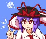 blue_background check_commentary commentary_request disco_ball hat lightning_bolt nagae_iku purple_hair red_eyes saturday_night_fever solo sparkle tagme touhou wool_(miwol)