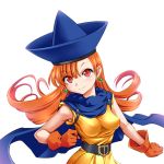  1girl alena_(dq4) belt blue_cape blue_hat breasts brown_gloves cape closed_mouth commentary curly_hair dragon_quest dragon_quest_iv dress earrings gloves hat hawawani jewelry light_smile long_hair looking_at_viewer medium_breasts orange_dress orange_hair red_eyes simple_background sleeveless sleeveless_dress solo standing upper_body white_background 