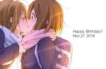  !! 2016 2girls :o backpack bag bag_charm blue_scarf blush brown_eyes brown_hair buttons closed_eyes coat dated dresstrip english eyelashes face-to-face female friends hair_down happy_birthday heart highres hirasawa_yui hug k-on! kiss long_sleeves looking_at_another messy_hair motion_blur multiple_girls open_mouth pink_scarf profile pulling red_eyes scarf scarf_pull school_bag school_uniform short_hair simple_background sleeves_past_wrists snowing sunlight surprised tainaka_ritsu upper_body white_background yuri 