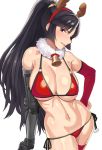  1girl antlers bell bell_collar bikini biting black_hair blush breasts christmas cleavage collar commentary commentary_request contrapposto cowboy_shot cross_ange elbow_gloves fur_collar gloves hand_on_hip jill_(cross_ange) large_breasts lip_biting lipstick long_hair looking_at_viewer makeup mechanical_arm navel ponytail red_bikini reindeer_antlers shiny shiny_hair shiny_skin sideburns simple_background single_elbow_glove single_glove standing swimsuit teeth tenchisouha thigh-highs under_boob white_background 