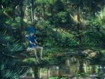  1boy blue_eyes blue_hair fishing fishing_rod forest japanese_clothes male_focus nature pippi_(pixiv_1922055) pond ponytail sandals sayo_samonji shorts touken_ranbu tree 